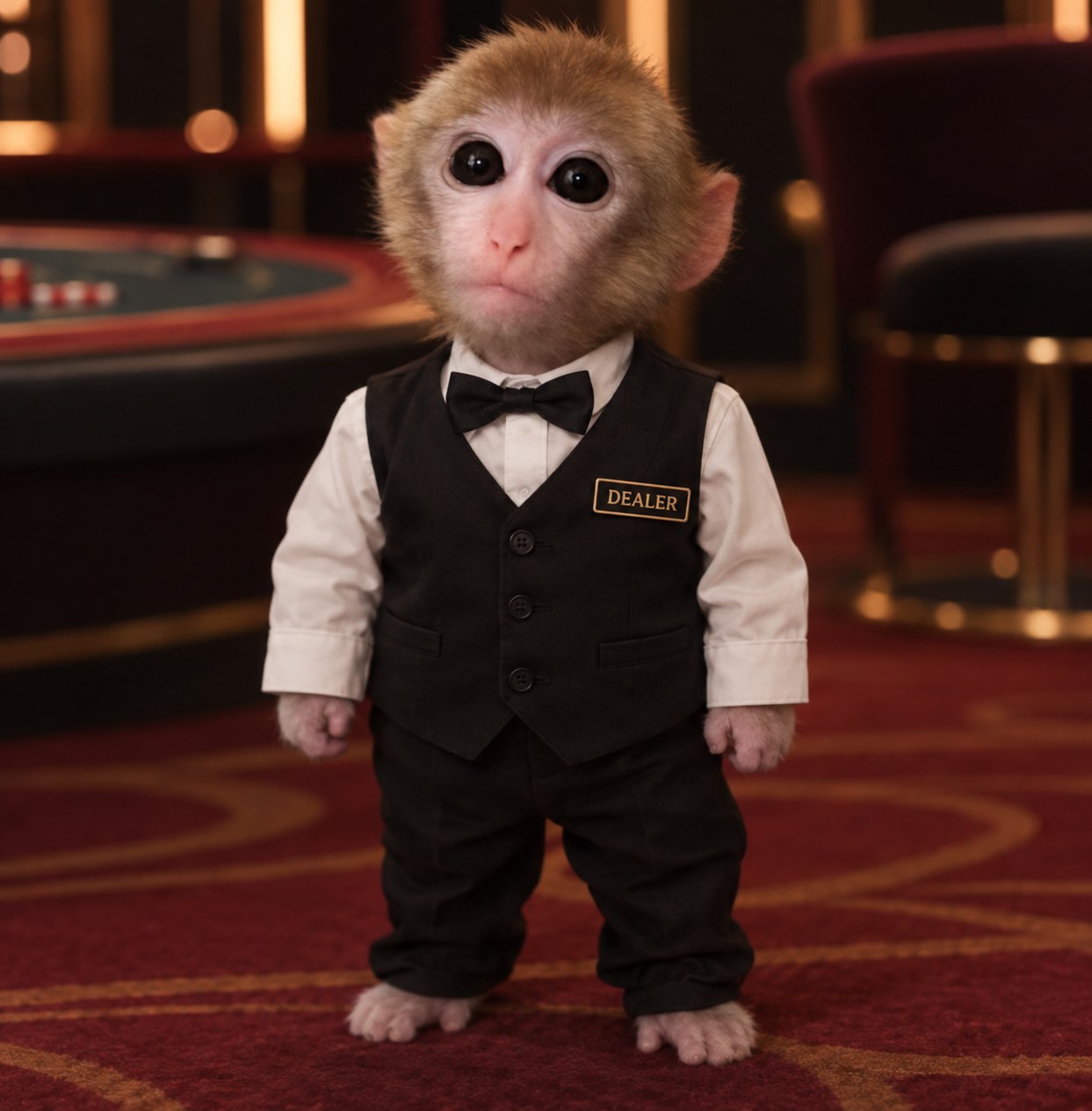 Dealer Ape standing in a casino